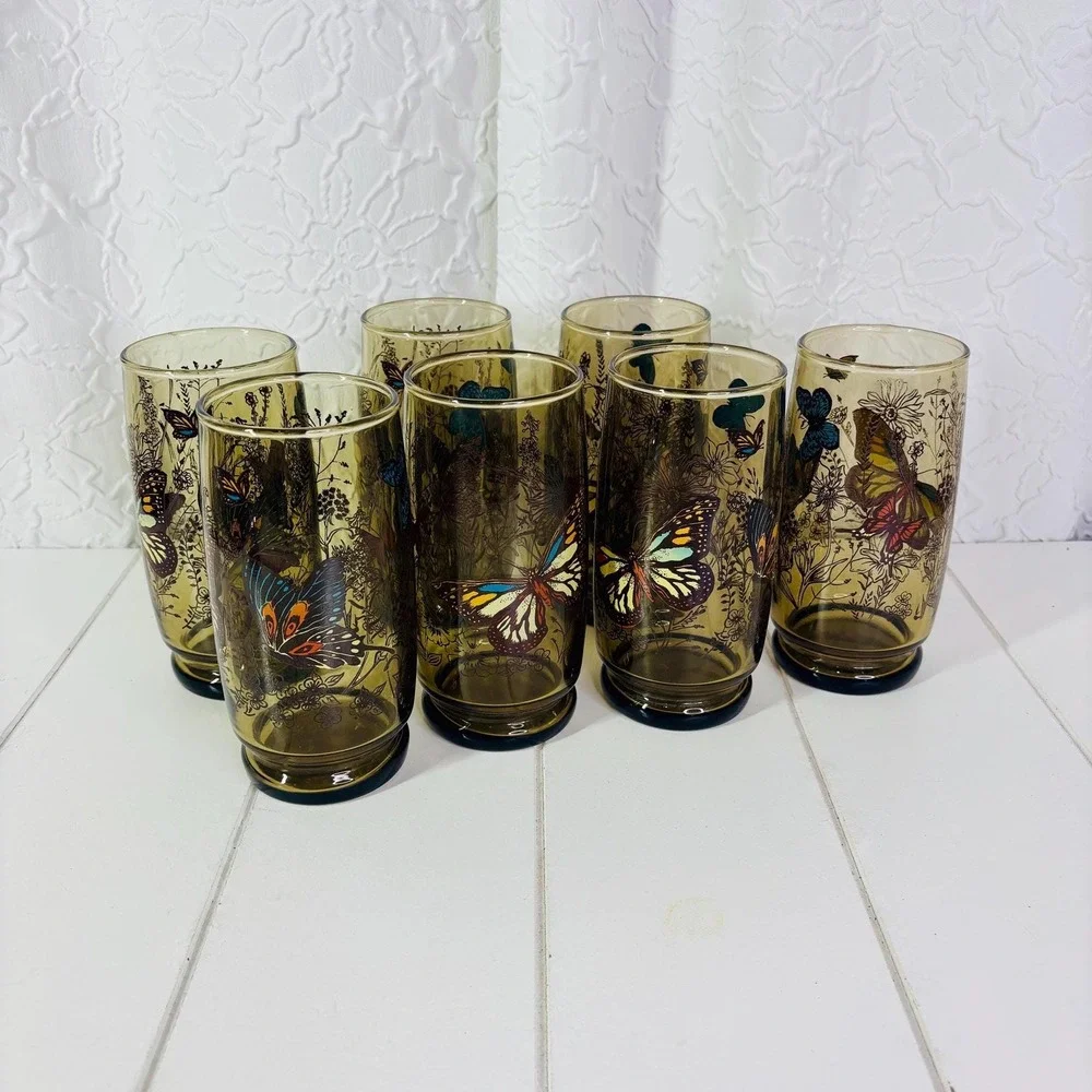 Vintage MCM Amber Tumbler Glasses Colorful Boho Bohemian Butterfly
